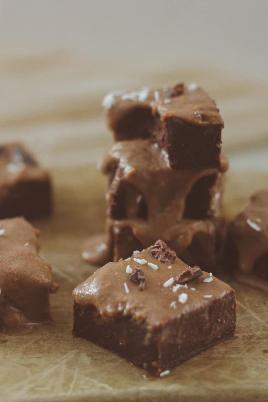 Raw Vegan Chocolate Brownies with Tahini Miso Icing